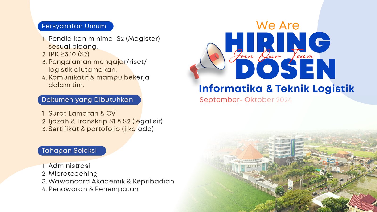 Lowongan Dosen S2 di Institut Teknologi Insan Cendekia Mandiri untuk Program Studi Informatika dan Teknik Logistik. Periode rekrutmen September – Oktober 2024.