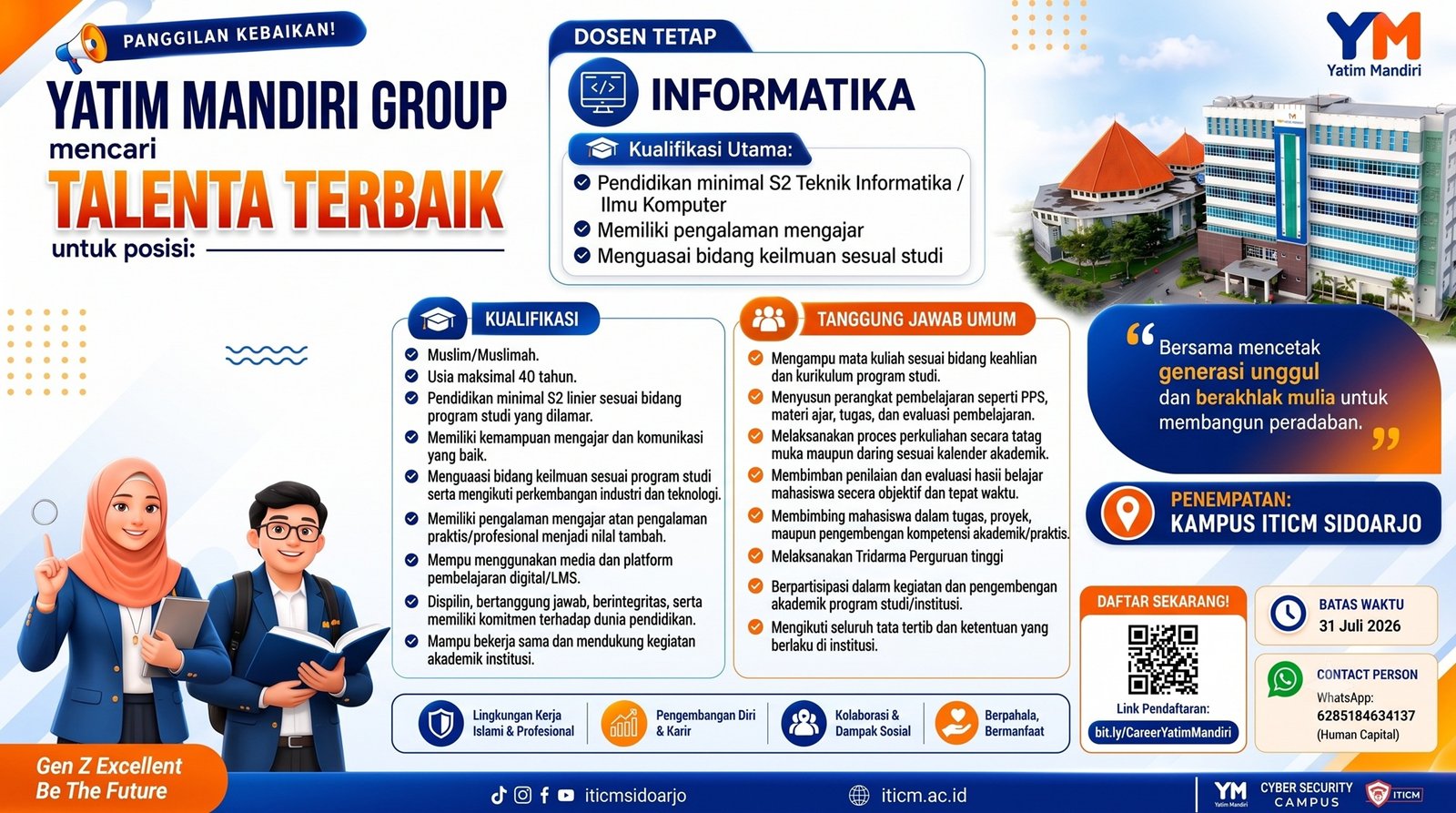Panggilan Kebaikan! Yatim Mandiri Group Buka Lowongan Kerja Dosen Tetap Informatika di Kampus ITICM